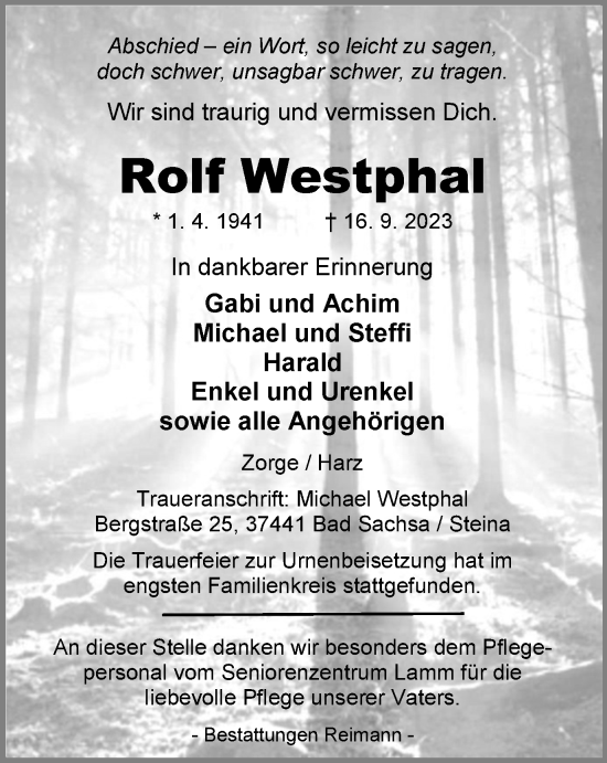 Traueranzeige von Rolf Westphal von Harz Kurier