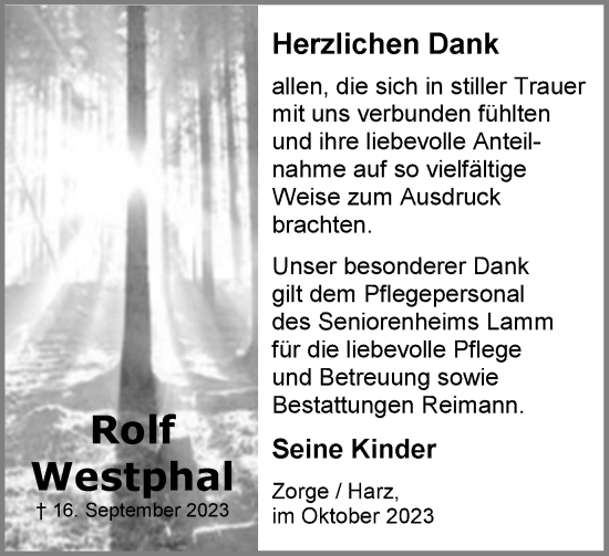 Traueranzeige von Rolf Westphal von Harz Kurier
