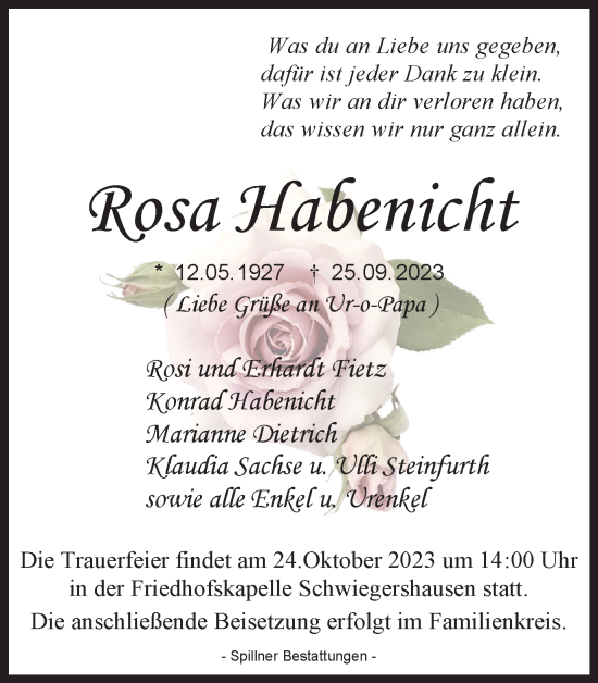 Traueranzeige von Rosa Habenicht von Harz Kurier
