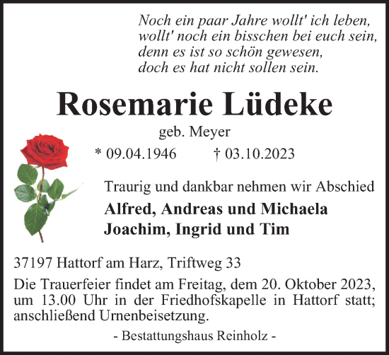 Traueranzeige von Rosemarie Lüdeke von Harz Kurier