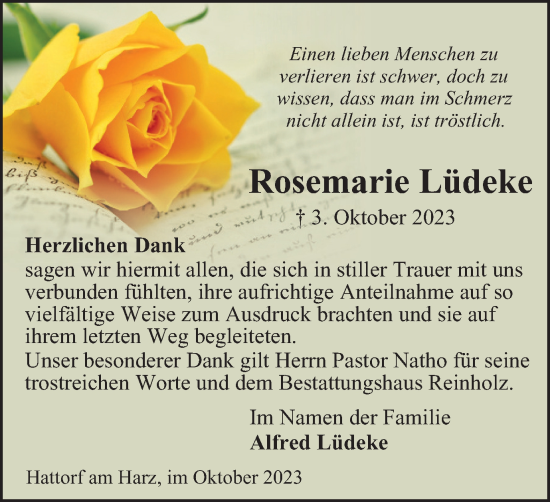 Traueranzeige von Rosemarie Lüdeke von Harz Kurier