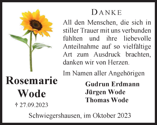 Traueranzeige von Rosemarie Wode von Harz Kurier