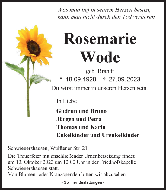 Traueranzeige von Rosemarie Wode von Harz Kurier