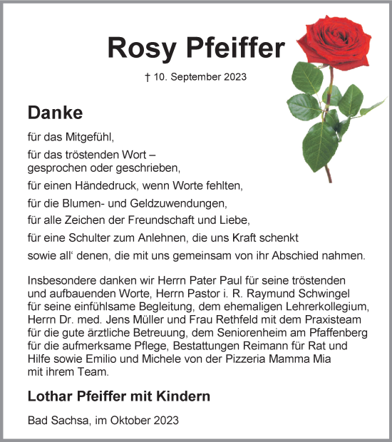 Traueranzeige von Rosy Pfeiffer von Harz Kurier