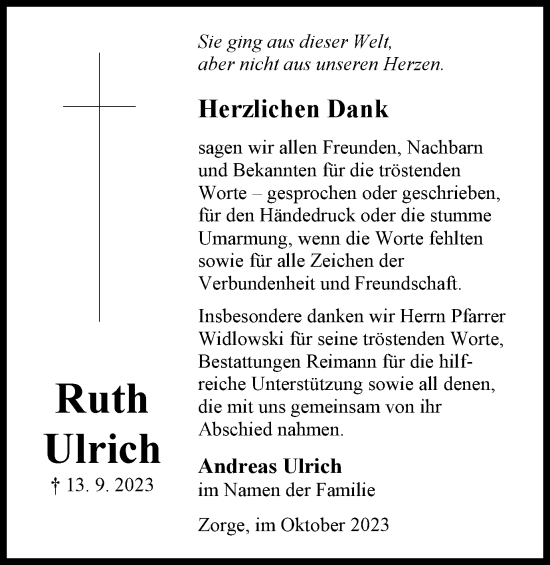 Traueranzeige von Ruth Ulrich von Harz Kurier