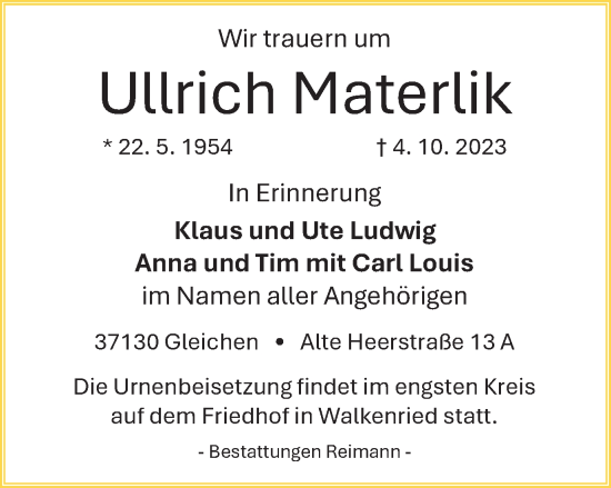 Traueranzeige von Ullrich Materlik von Harz Kurier