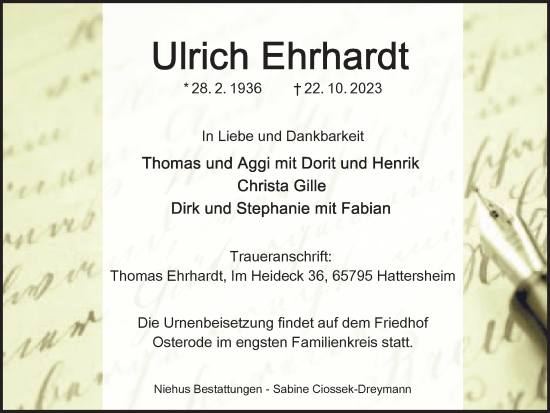 Traueranzeige von Ulrich Ehrhardt von Harz Kurier