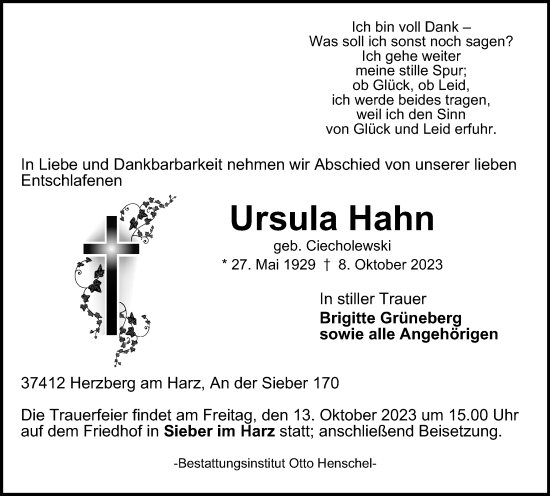 Traueranzeige von Ursula Hahn von Harz Kurier