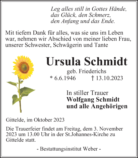 Traueranzeige von Ursula Schmidt von Harz Kurier