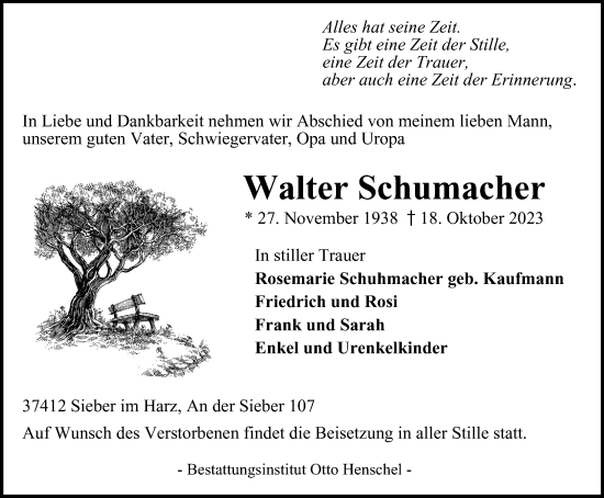 Traueranzeige von Walter Schumacher von Harz Kurier