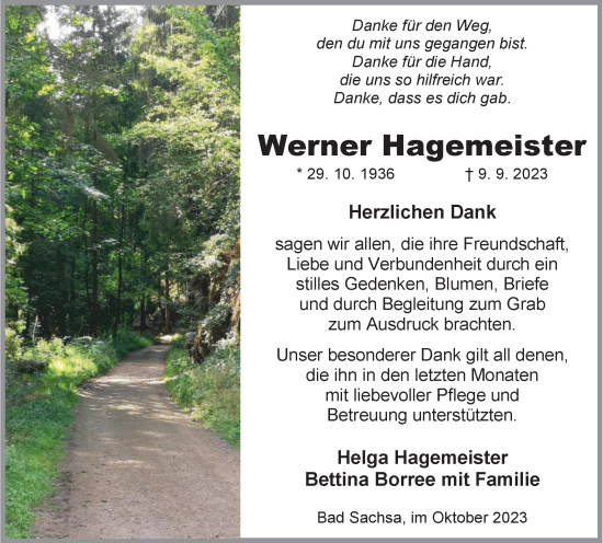 Traueranzeige von Werner Hagemeister von Harz Kurier