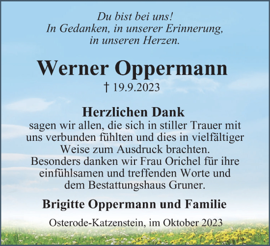 Traueranzeige von Werner Oppermann von Harz Kurier