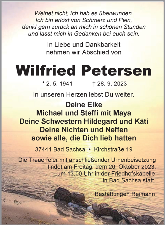 Traueranzeige von Wilfried Petersen von Harz Kurier