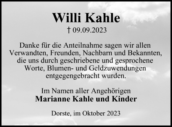 Traueranzeige von Willi Kahle von Harz Kurier