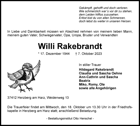 Traueranzeige von Willi Rakebrandt von Harz Kurier