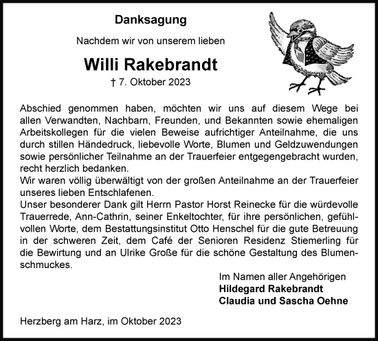 Traueranzeige von Willi Rakebrandt von Harz Kurier