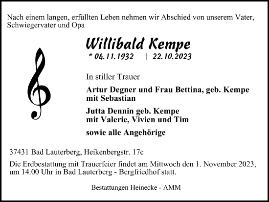 Traueranzeige von Willibald Kempe von Harz Kurier