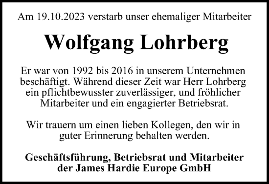 Traueranzeige von Wolfgang Lohrberg von Harz Kurier