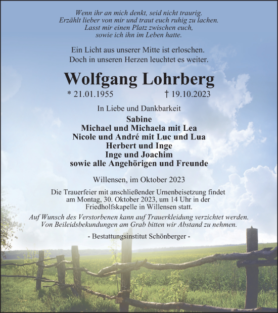 Traueranzeige von Wolfgang Lohrberg von Harz Kurier