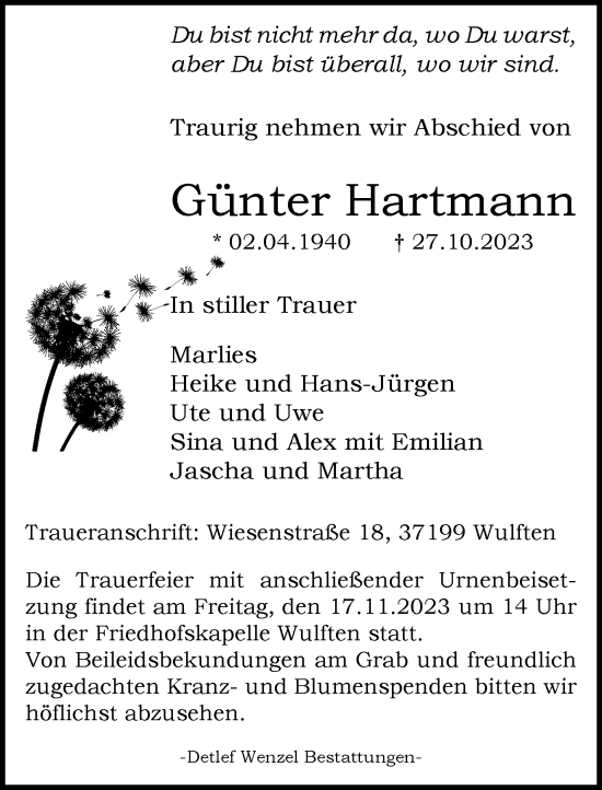 Traueranzeige von Günter Hartmann  