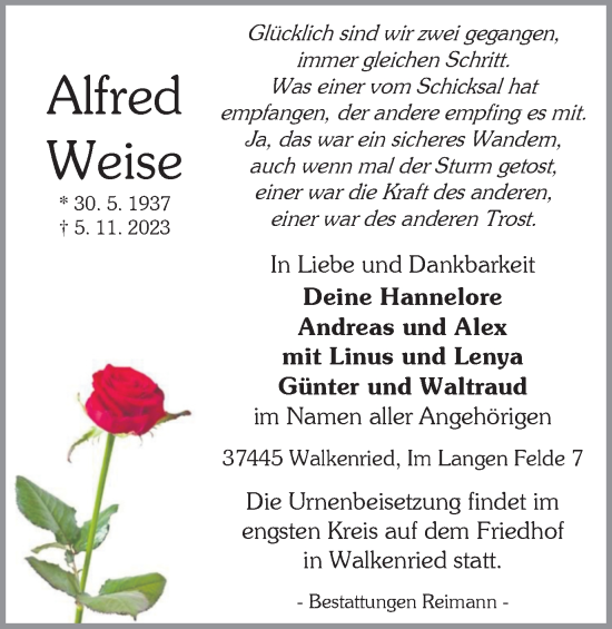 Traueranzeige von Alfred Weise von Harz Kurier