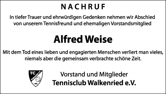 Traueranzeige von Alfred Weise von Harz Kurier