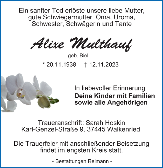 Traueranzeige von Alixe Multhauf von Harz Kurier