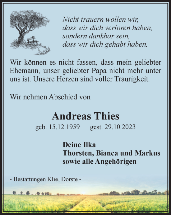 Traueranzeige von Andreas Thies von Harz Kurier