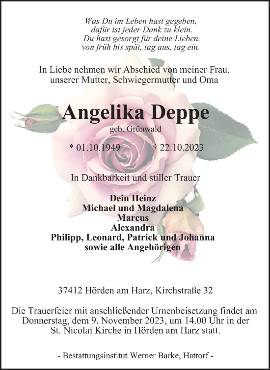 Traueranzeige von Angelika Deppe von Harz Kurier
