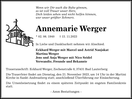 Traueranzeige von Annemarie Werger von Harz Kurier