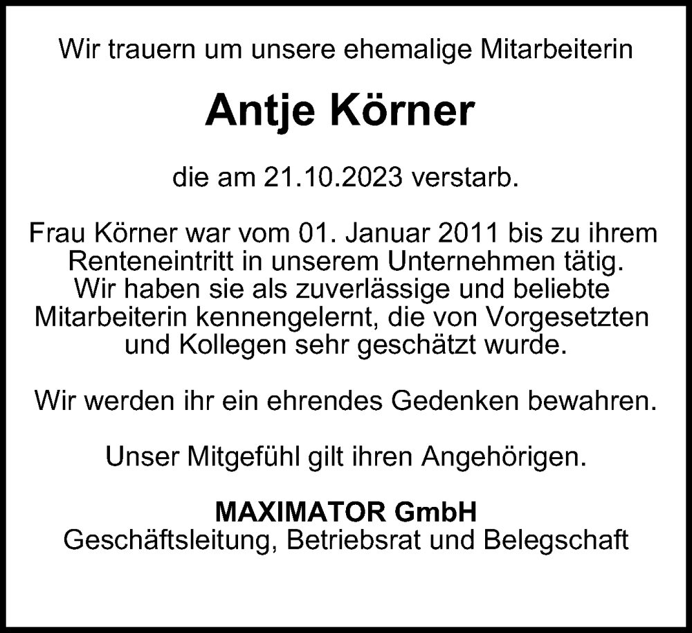  Traueranzeige für Antje Körner vom 07.11.2023 aus Harz Kurier