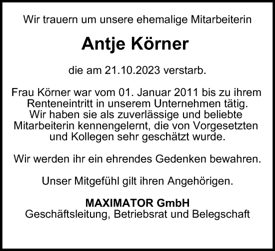 Traueranzeige von Antje Körner von Harz Kurier