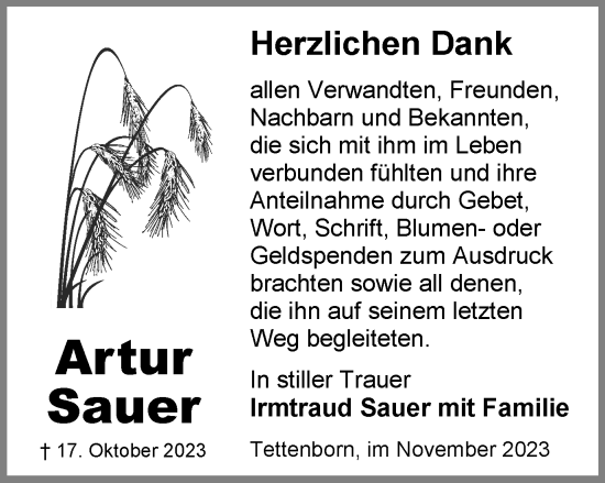 Traueranzeige von Artur Sauer von Harz Kurier