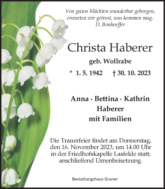 Traueranzeige von Christa Haberer von Harz Kurier