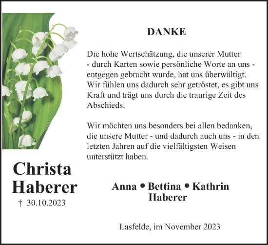 Traueranzeige von Christa Haberer von Harz Kurier