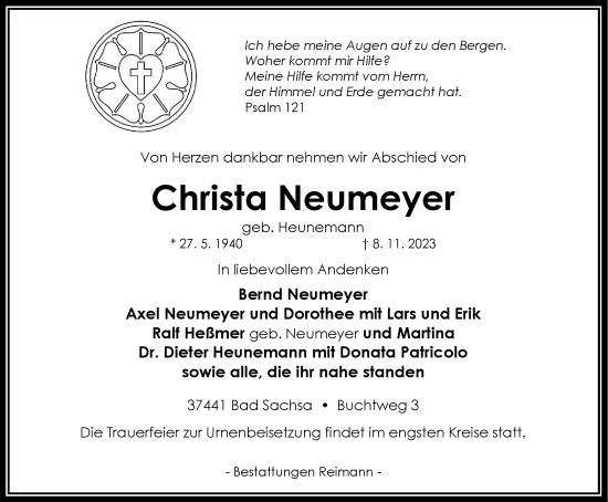 Traueranzeige von Christa Neumeyer von Harz Kurier