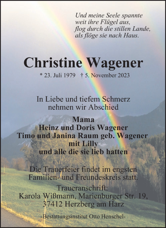 Traueranzeige von Christine Wagener von Harz Kurier
