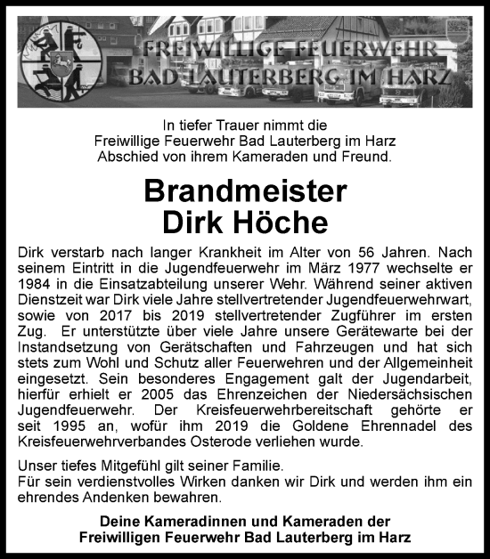 Traueranzeige von Dirk Höche von Harz Kurier
