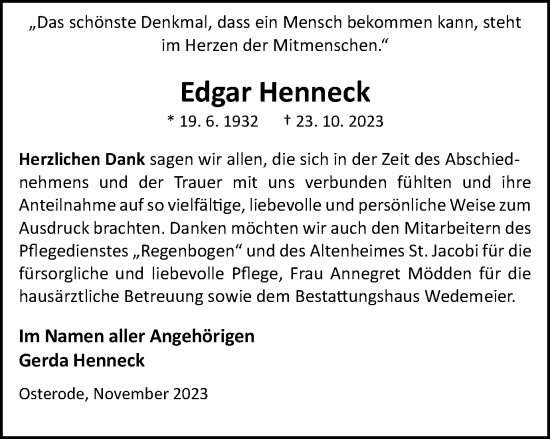 Traueranzeige von Edgar Henneck von Harz Kurier