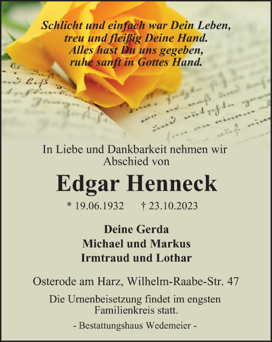 Traueranzeige von Edgar Henneck von Harz Kurier