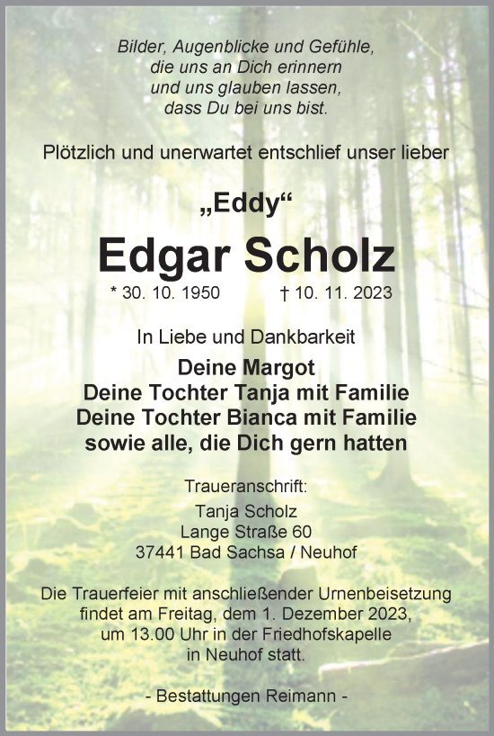 Traueranzeige von Edgar Scholz von Harz Kurier