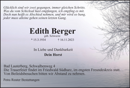 Traueranzeige von Edith Berger von Harz Kurier