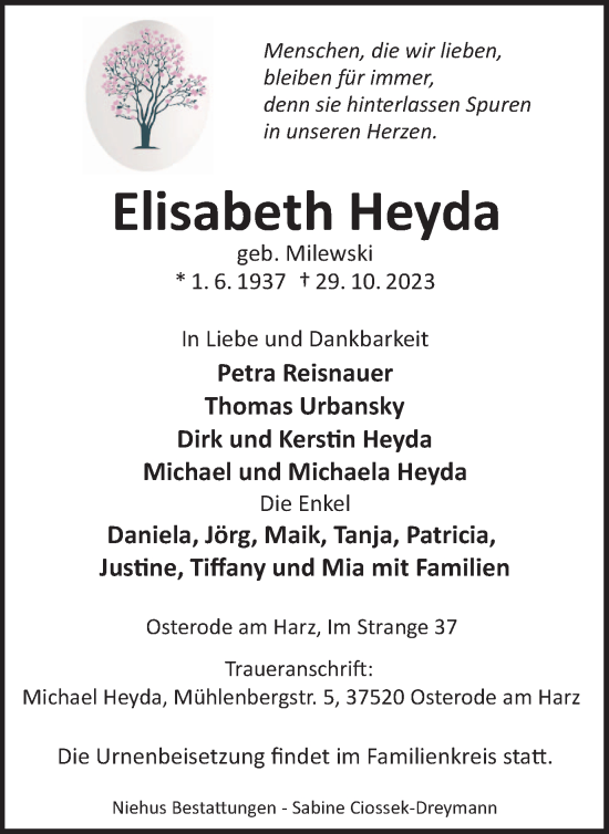 Traueranzeige von Elisabeth Heyda von Harz Kurier