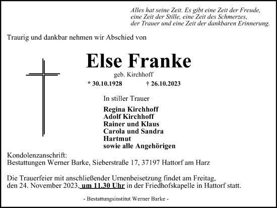 Traueranzeige von Else Franke von Harz Kurier