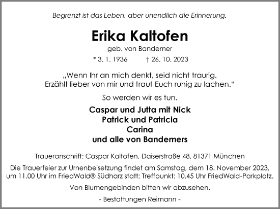 Traueranzeige von Erika Kaltofen von Harz Kurier