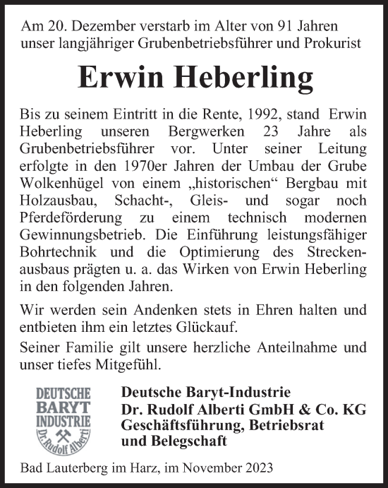 Traueranzeige von Erwin Heberling von Harz Kurier