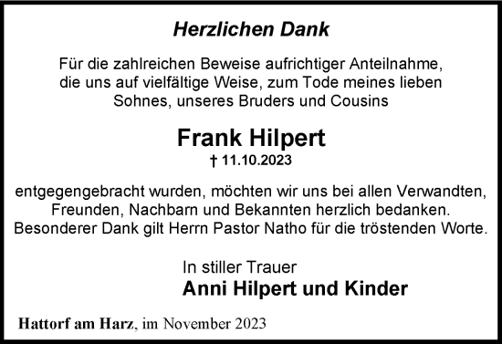 Traueranzeige von Frank Hilpert von Harz Kurier