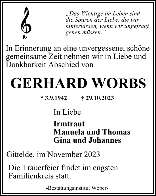 Traueranzeige von Gerhard Worbs von Harz Kurier