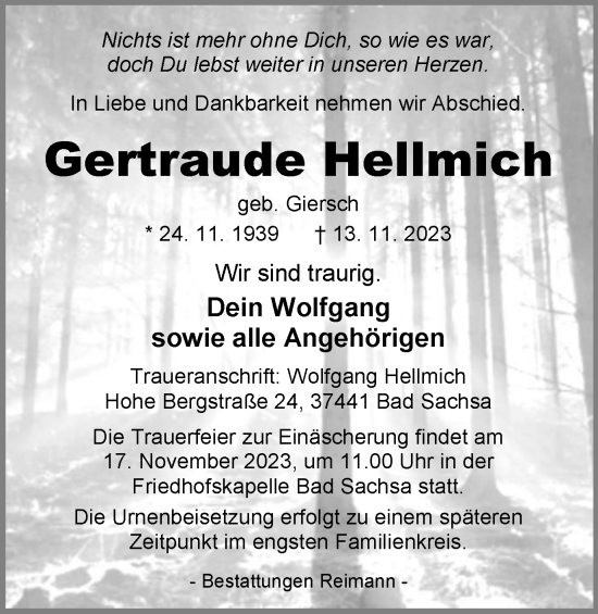 Traueranzeige von Gertraude Hellmich von Harz Kurier