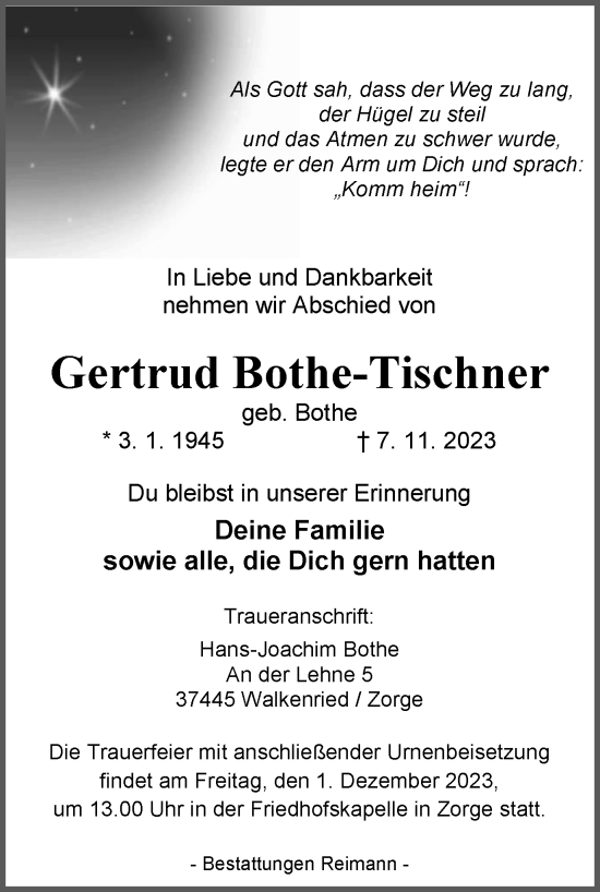 Traueranzeige von Gertrud Bothe-Tischner von Harz Kurier